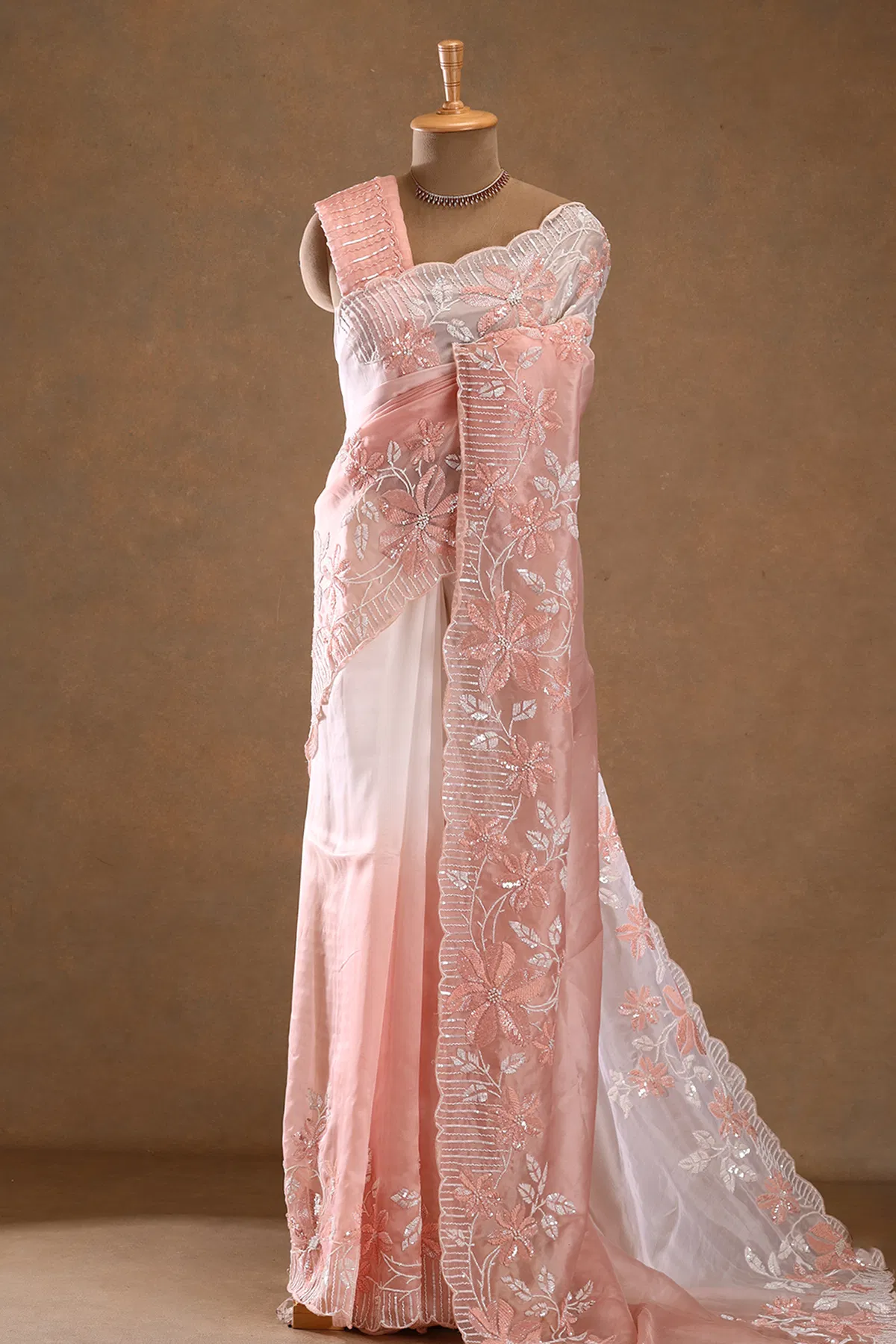 White and pink sequins embroidered organza